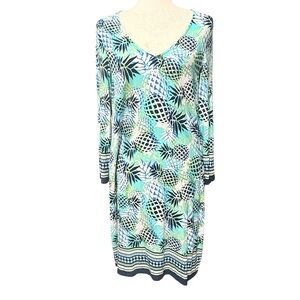 Pappagallo Tropical Pineapple Print V-Neck Dress Size M Resort Cruise Beach Blue